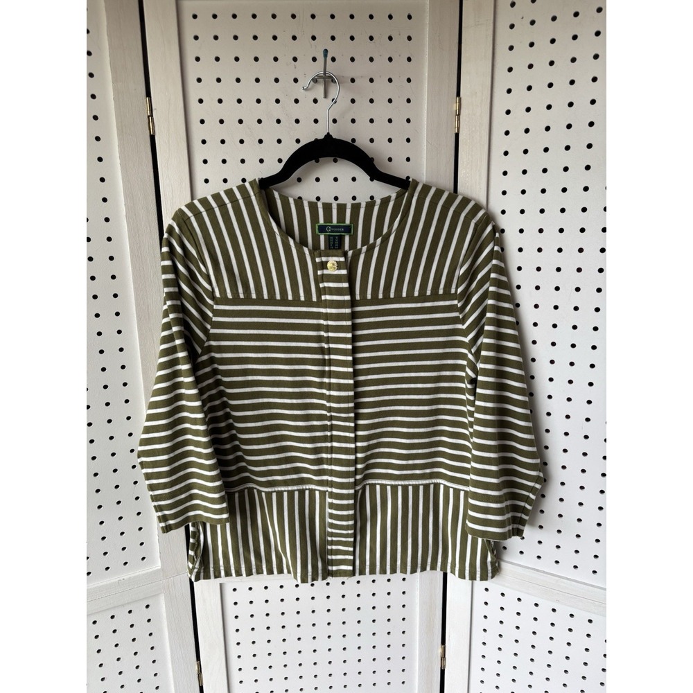 C Wonder Women's 10 / M Green Stripe Zip Front 3/4 Sleeve Cotton Knit Jacket